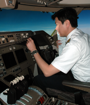Airplane pilot in Boeing 747 aircraft