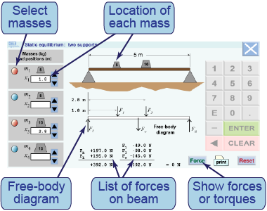 Static equilibrium simulation for masses placed on a beam supported at both ends