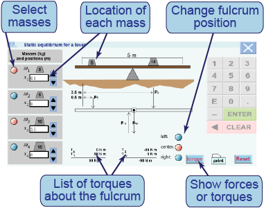 Static equilibrium simulation for masses on a balance (or see-saw)