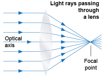 Light rays parallel to the optical axis are bent by a lens to meet at the focal point of the lens