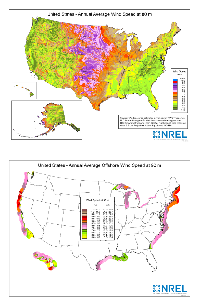 High resolution maps of the wind speed in the U.S. on land and off-shore