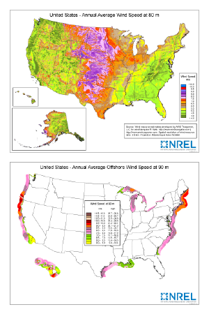 Maps of the wind speed in the U.S. on land and offshore