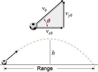 The soccer ball is kicked with initial speed <i>v</i><sub>0</sub> at an angle <i>θ</i> with the ground