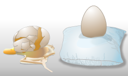 Egg broken on hard floor and unbroken on pillow