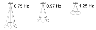 Three pendulums oscillating at 0.75 Hz, 0.97 Hz, and 1.25 Hz