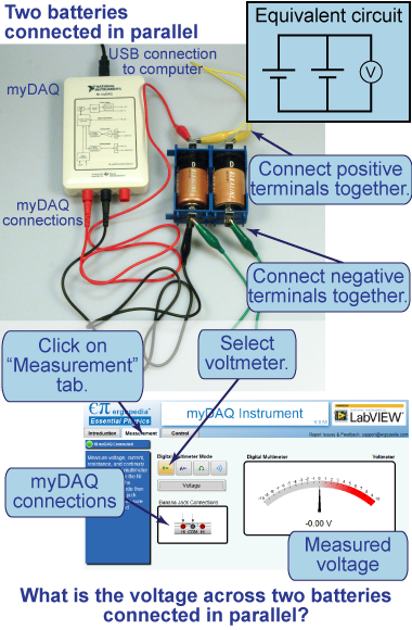 How to connect the two batteries in parallel and measure their voltage using the myDAQ