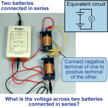 How to connect the two batteries in series and measure their voltage using the myDAQ